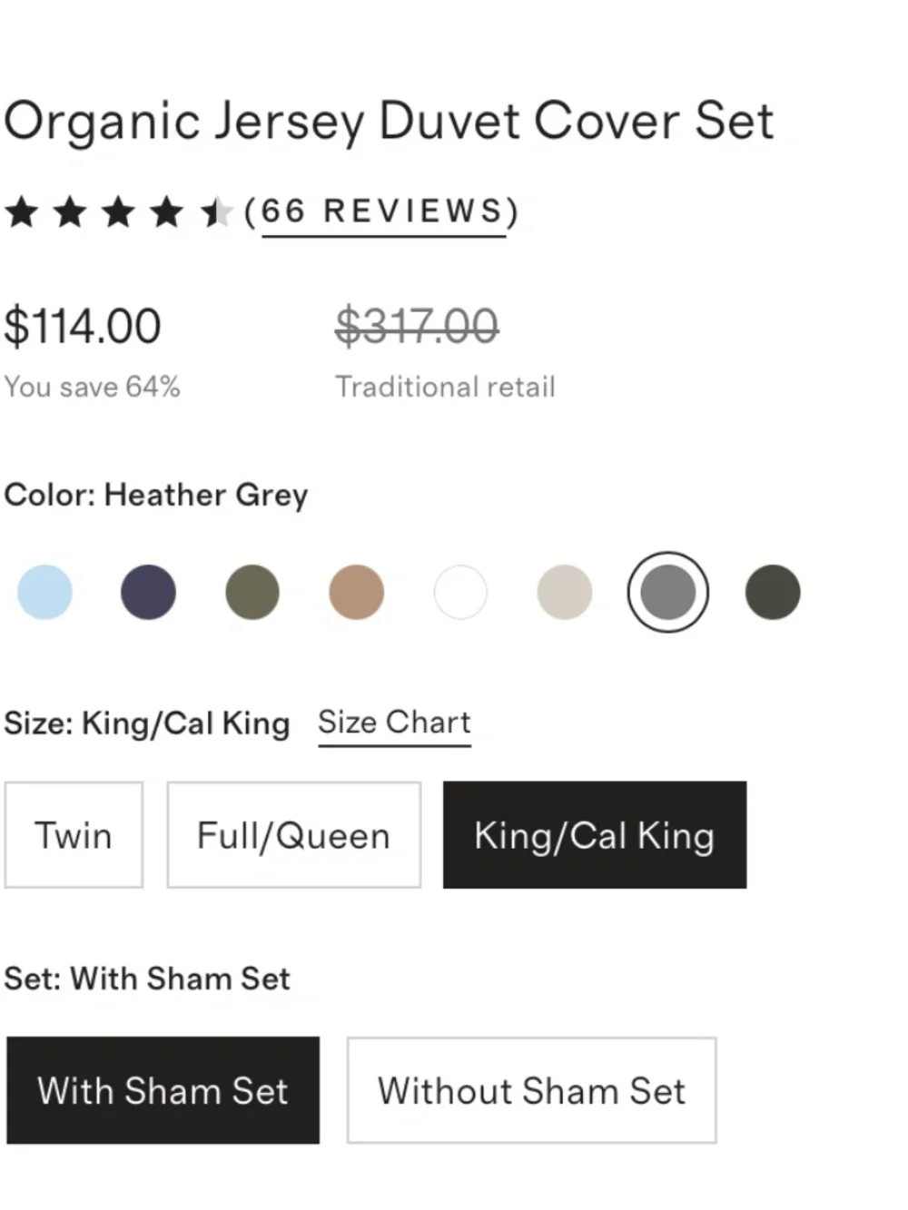 New Organic Jersey Duvet Cover set with shams King/Cal King Gray